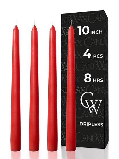 CANDWAX 10 inch Red Taper Candles Set of 4 - Unscented Smokeless Dripless Long Burning Candlesticks - Perfect as Taper Candlesticks for Dinner or Holiday Home Decor - Red Candle Sticks