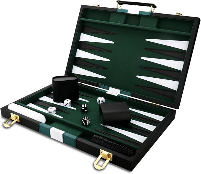 Backgammon Set - Classic Board Game with Premium Leather Case - Portable Travel Strategy Backgammon Game Set for Adults Kids - Suitable as (15inch Black)