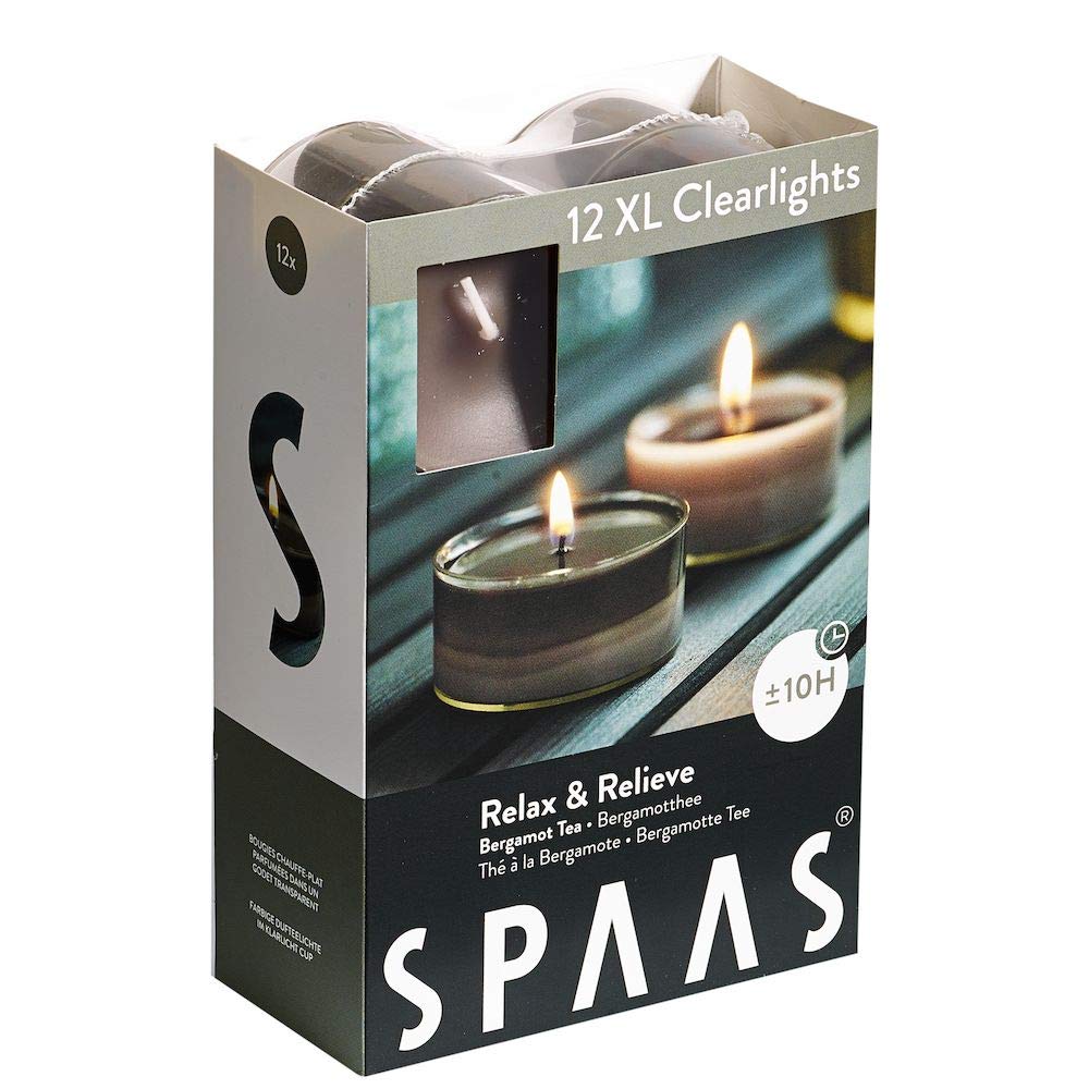 Spaas 12 Maxi Scented Tealights in Transparent Clear Cup, ± 10 Hours, Relax and Relieve