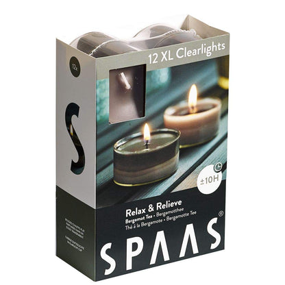 Spaas 12 Maxi Scented Tealights in Transparent Clear Cup, ± 10 Hours, Relax and Relieve