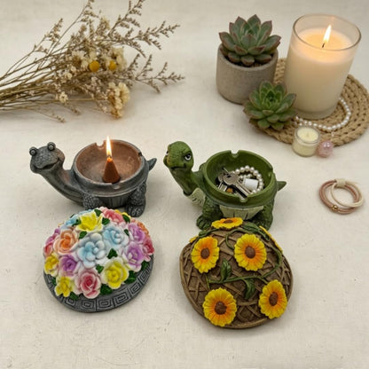 Resin Turtle Decorative Trinket Tray with Lid, 3.5x4.3x5.31 Inch Floral Succulent Style, Easy-Clean Storage Ornament for Aromatherapy Candle, Incense, Home Office Bar Garden