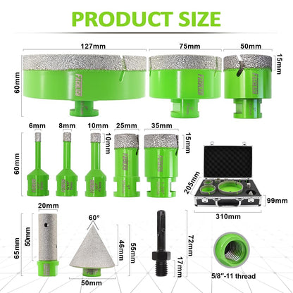 FACHLICH Diamond Core Drill Bits Set - Tile Hole Saw Kit 6/8/10/25/35/50/75/127MM+20F with 2" Diamond Beveling Chamfer Bits for Porcelain Ceramic Tile Granite Marble(11PCS)