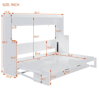 Ball & Cast Murphy Bed Full Size Hideaway Beds with Hydraulic Lift & Desk Design,Industrial Multifunction Wood Wall Cabinets Bedframe W/Hardware Chain,Space-Saving for Apartment,White
