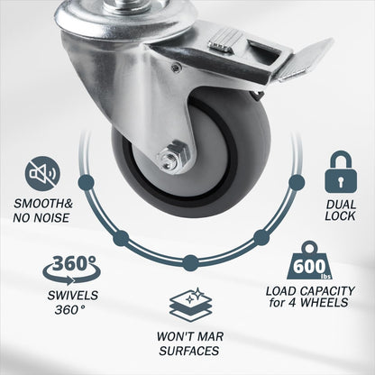 POWERTEC 17201-Case4 3" Heavy Duty Threaded Stem Swivel Caster Wheels with 600 lbs Total Loads, Dual Locking Industrial Castor Wheels for Workbench, Dolly, Cart & Furniture, (Pack of 16)