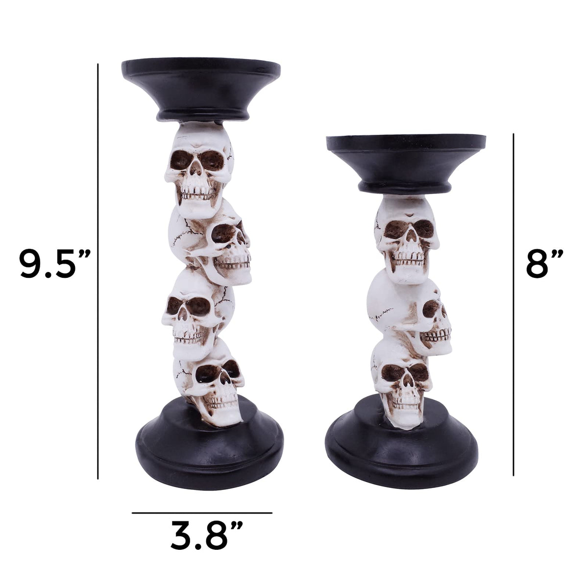 Etistta Halloween Skull Candle Holder for Fireplace Decorations, 9.5 Inch Tall Polyresin Candlestick Holders, White Bones Black Candlesticks for Decor, Set of 2