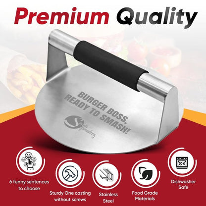 Simple preading Smash Burger Press with Fun Quotes - Stainless Steel Hamburger Smasher for Griddle & Grill Press, Perfect for BBQ, Flat Tops, Patty Making, (5.5" XL, Burger Boss)