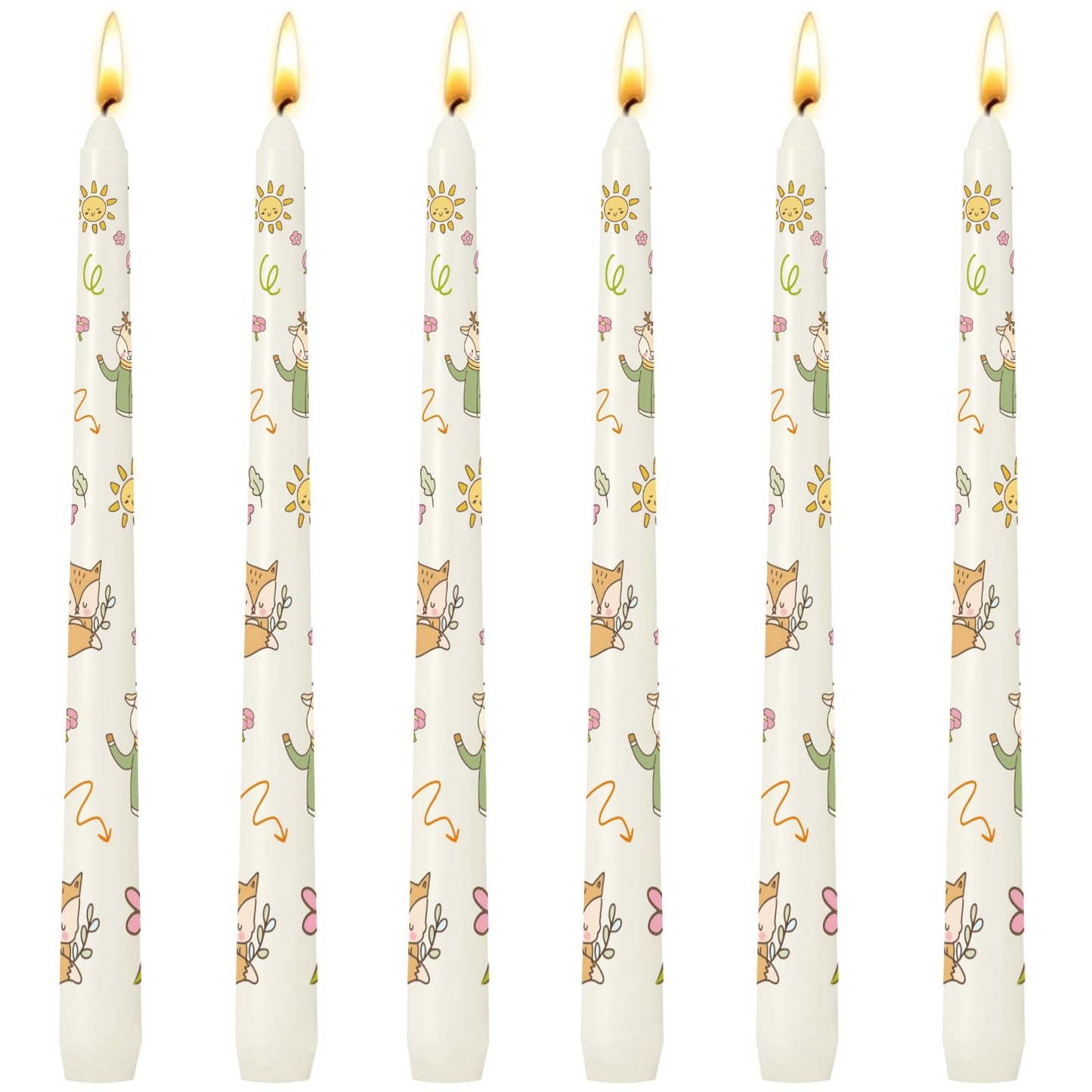 6 Pack Printed Taper Candles, 10 Inch Ivory Candlesticks with Cute Cartoon Animals Pattern, Unscented Tapered Candles, Dripless and Smokeless Decorative Candles for Elegant Dining