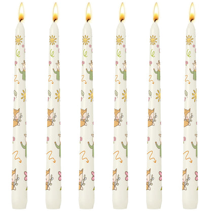 6 Pack Printed Taper Candles, 10 Inch Ivory Candlesticks with Cute Cartoon Animals Pattern, Unscented Tapered Candles, Dripless and Smokeless Decorative Candles for Elegant Dining