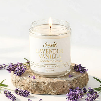 SVECKE Vanilla Lavender Scented Candle 7oz Soy Wax Jar Candle Long Burning Aromatherapy Candle for Home Bedroom Gift for Women Men Housewarming New Home Gift