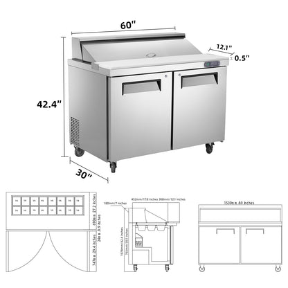 JINSONG 60" Refrigerator Sandwich & Salad Prep Table, Stainless Steel Refrigerated Food Prep Station, 16.4 cu. ft with Cutting Board and 16 Pans for Restaurants, Bar, Shops, etc
