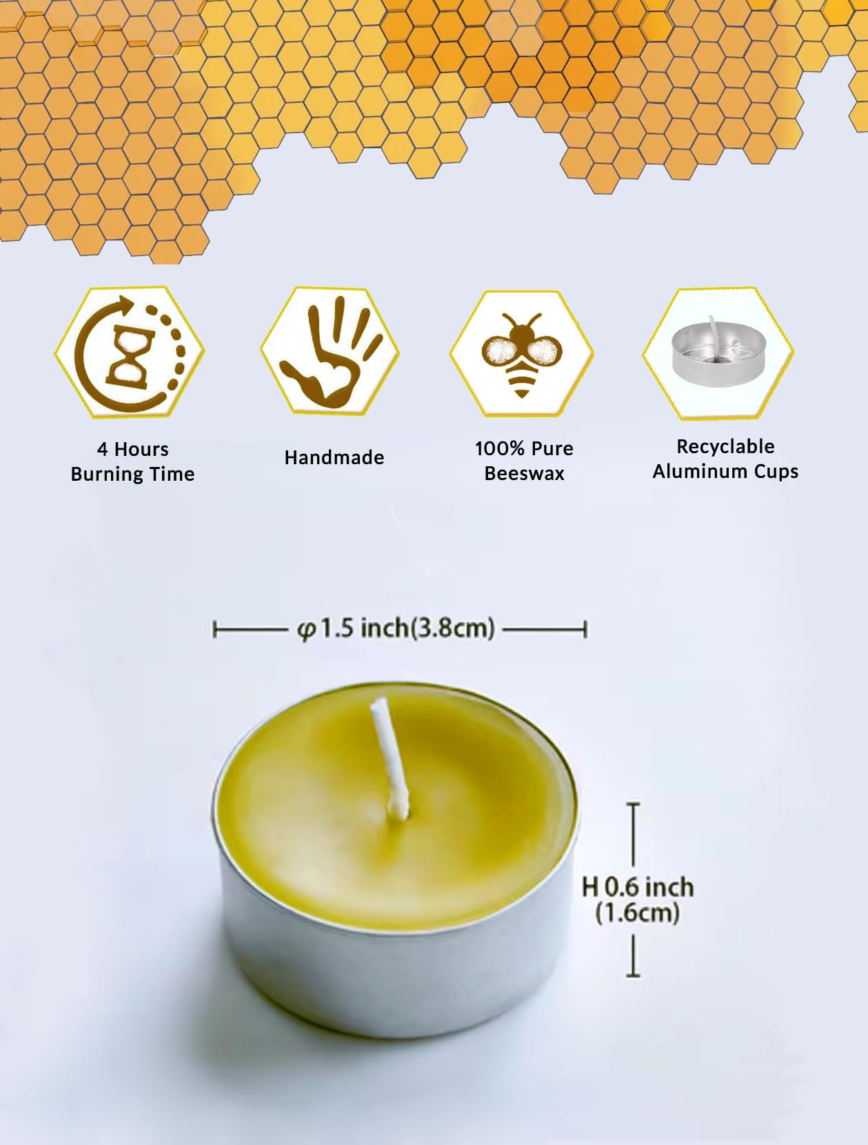 100% Pure Beeswax Tea Light Candles, 50-Pack, Natural Unscented Honey Aroma Tealights in Aluminum Cups. 4-Hour Clean-Burning, Soot-Free