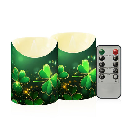 St. Patrick's Day Flameless Candles Set of 2 Clover Pattern C Realistic LED Candles with Remote Battery Operated Holiday Decorations