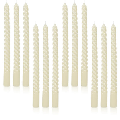 Tobeape 12 Pack 10 Inch Tall Ivory Spiral Taper Candles, Unscented Dripless Twisted Wax Cream Candles for Holiday Celebration Wedding Birthday Party Display Home Decor - 8 Hour Long Burning