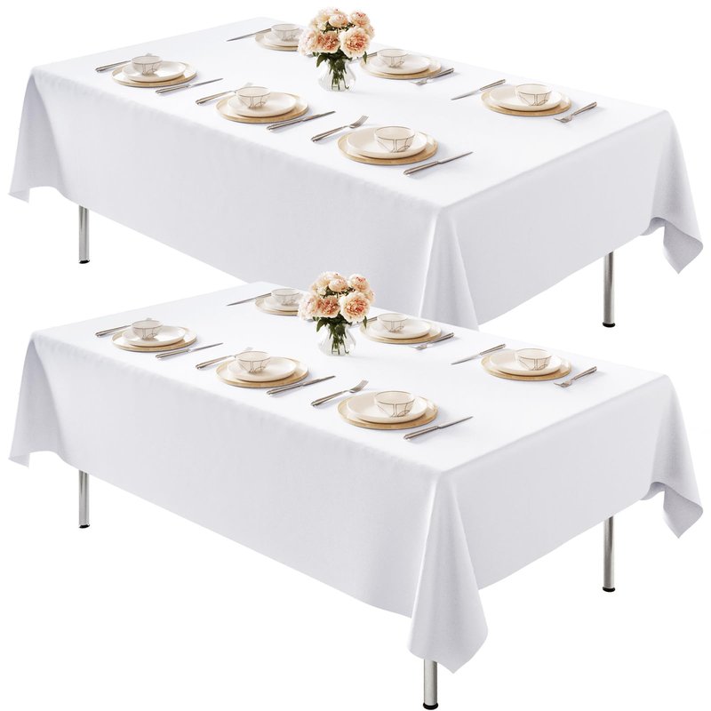 Fixwal White Tablecloth Rectangle 70 x 120 Inch, 2 Pack 6-8ft Polyester Brushed Fabric Table Cloths Rectangular Table Covers for Party, Banquet, Dining, Birthday, Wedding