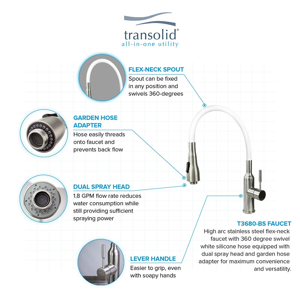 Transolid TCAB-2420-WSW 24-in All-in-One Laundry Cabinet Sink, Stainless Steel High Arc Faucet, and Basket in White