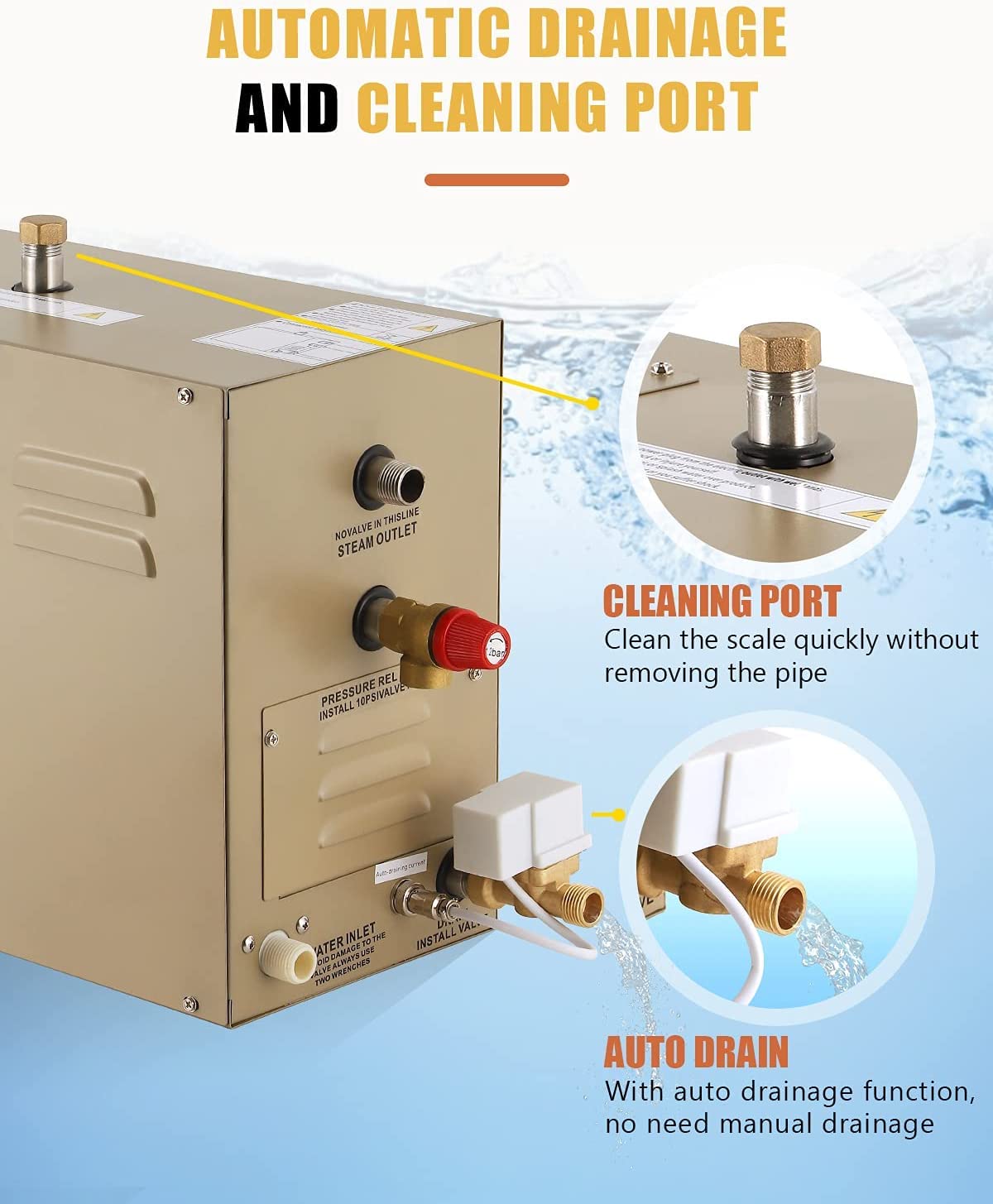 CGOLDENWALL 12KW Commercial Self-Draining Steam Generator Shower System Home Steam Bath Spa Generator 30 min to 12 Hours with Auto Drain 95-131℉ for Suitable Space Heating 12 m³/424 Cubic feet (12KW)