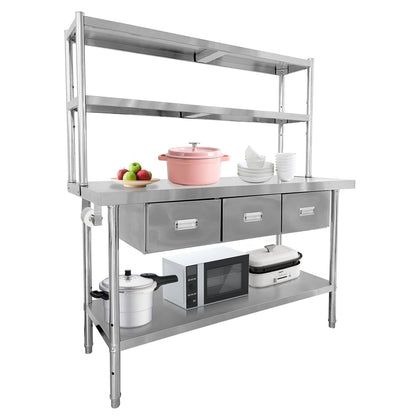 Stainless Steel Table with Overshelves & Drawers, 60" X 24" Commercial Work Tables with 60" X 30" Shelf & 3 Drawers, Metal Kitchen Prep Table with Paper Towel Holder for Home Restaurant Garage
