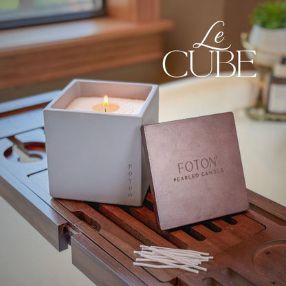 Foton Pearled Candle Le Cube Bundle (4x16oz) – Festive Fir, Misty Monte, Lavender Love & Vanilla Vibe. Refillable, Non-Toxic Pearled Wax Candles with 15 Wicks Each for eco-Luxury Home décor