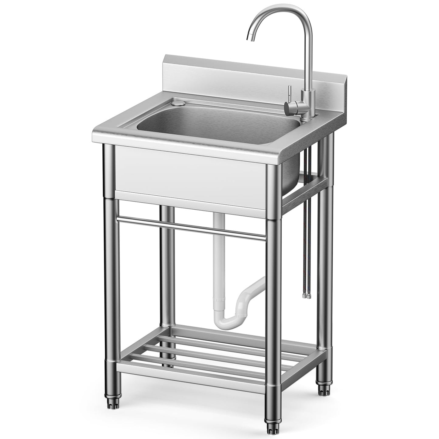 Utility Sink Free Standing Single Bowl Kitchen Sink with Cold and Hot Water Pipe Stainless Steel Sink for Garage Shop Laundry Room Basement Garden Farmhouse Mens Gifts Ourdoor Indoor fregadero
