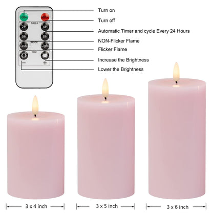 ANGELLOONG Pink Flameless Candles with Remote and Timer, Set of 3 Real Wax LED Pillar Candles Battery Operated Fake Candles for Pink Christmas Decor, Bedroom Bathroom