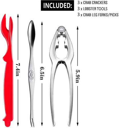 YGAOHF 12 Pcs Professional Crab Leg Crackers and Tools - Includes 3 Crab Crackers, 3 Lobster Shellers, 3 Crab Leg Forks/Picks, 3 Disposable Lobster Bibs and Storage Bag, Dishwasher Safe