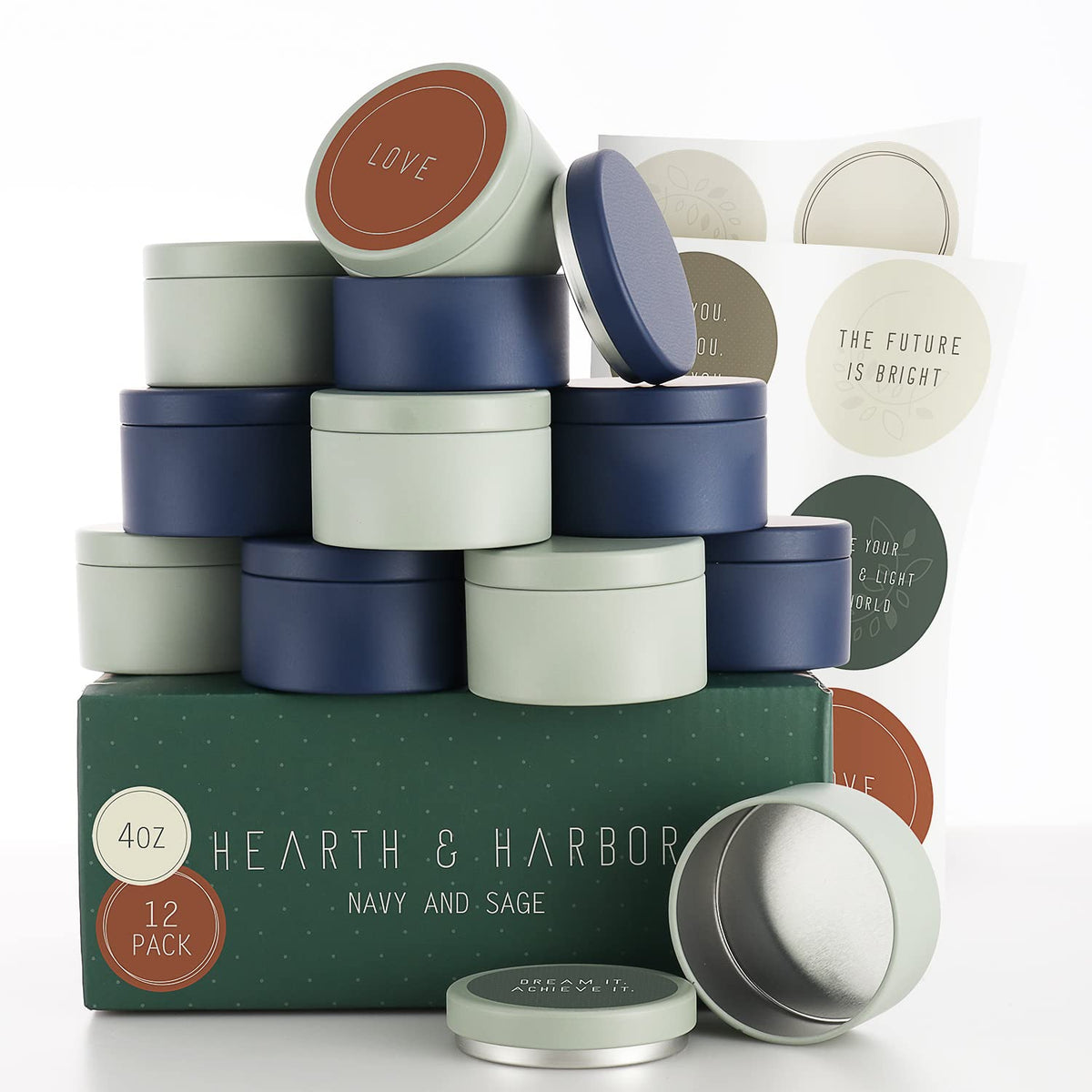 Hearth & Harbor Tin Candle Jars for Making Candles - DIY Candle Containers with Lids - Metal Candle Jars - Bulk Tins Storage for Candle (12, Navy and Sage)