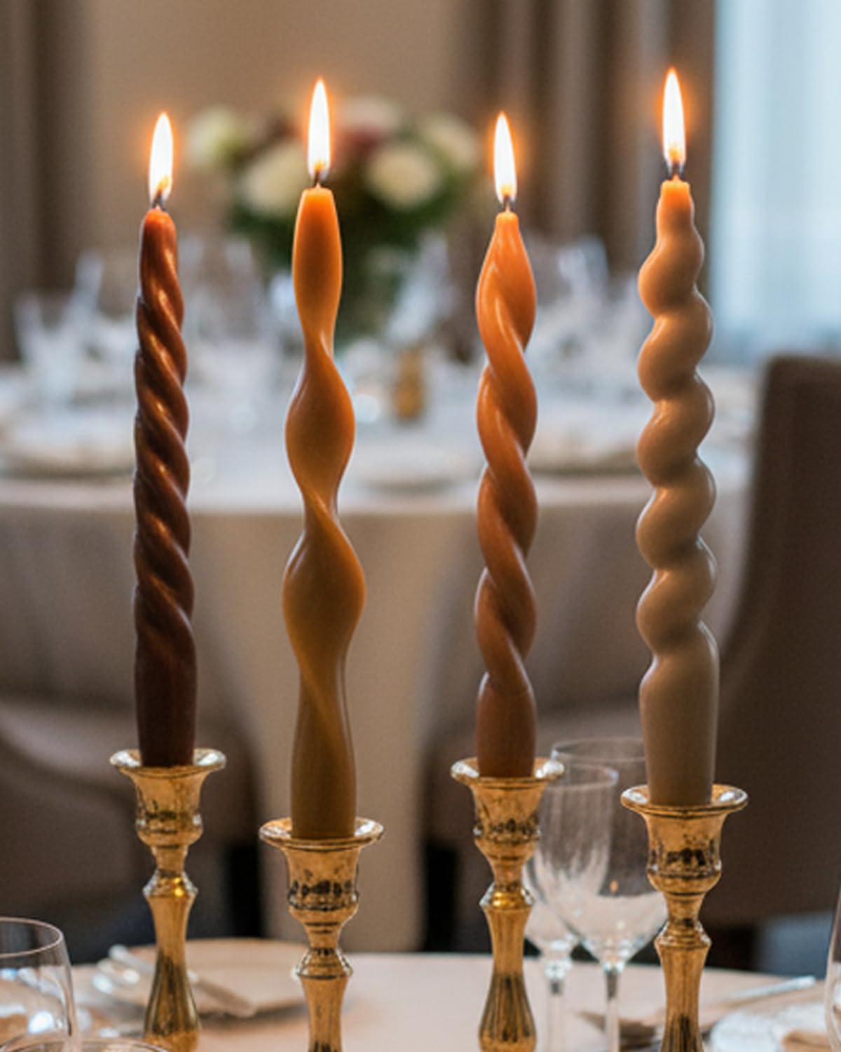 Brown Short Taper Candle Stick Spiral Taper Candle for Wedding Party Fall Decoration Home Dinner Decoration Unscented Candles,7.6inch,4 Pack