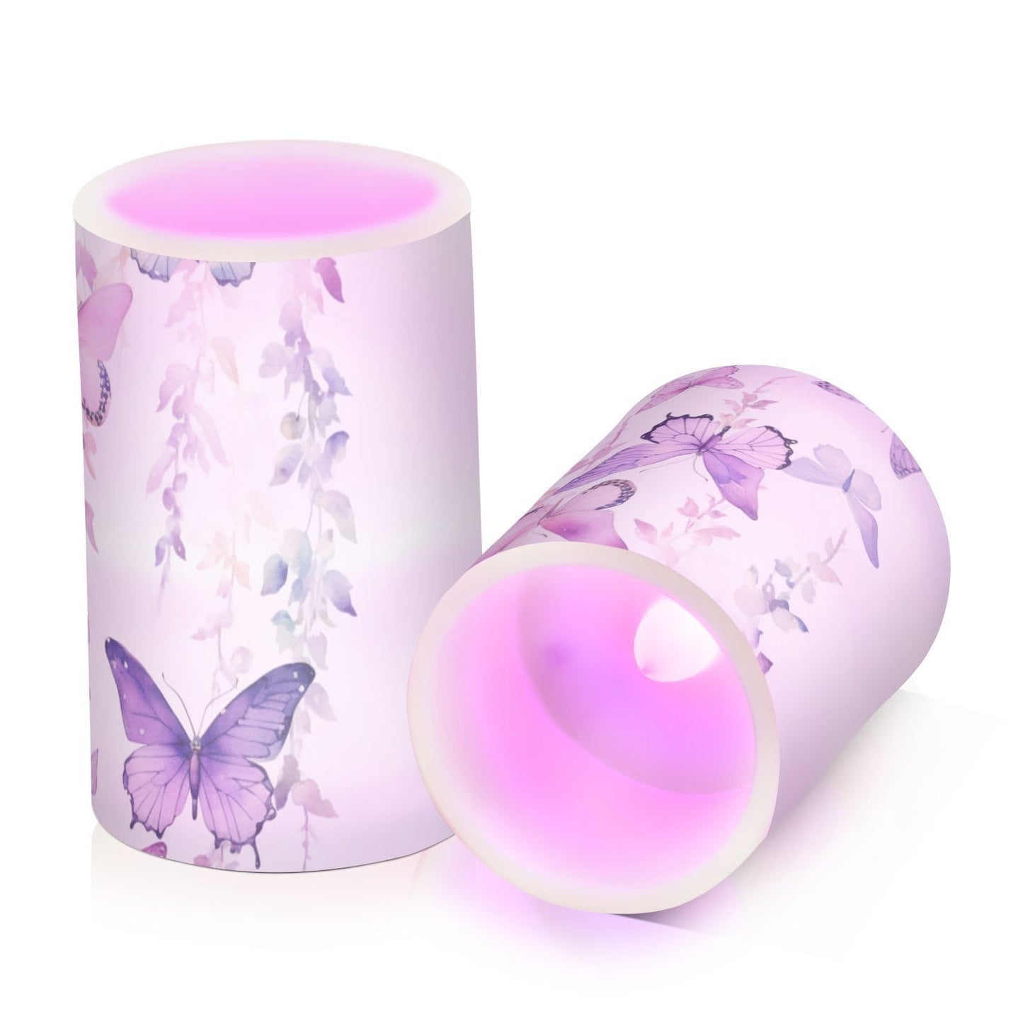 Lights Flameless Candles Purple Butterfly Leaves Pillar Candles Set of 2 Battery Operated Remote Control Warm Lights Home Decor