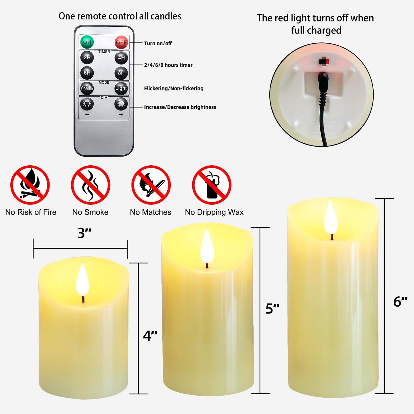 Lezonic Rechargeable Flickering Flameless Candles Battery Operated with Remote and Timer, Pack of 3(D 3'' X H 4''5''6'') Long Lasting Ivory White Real Wax LED USB Pillar Candles