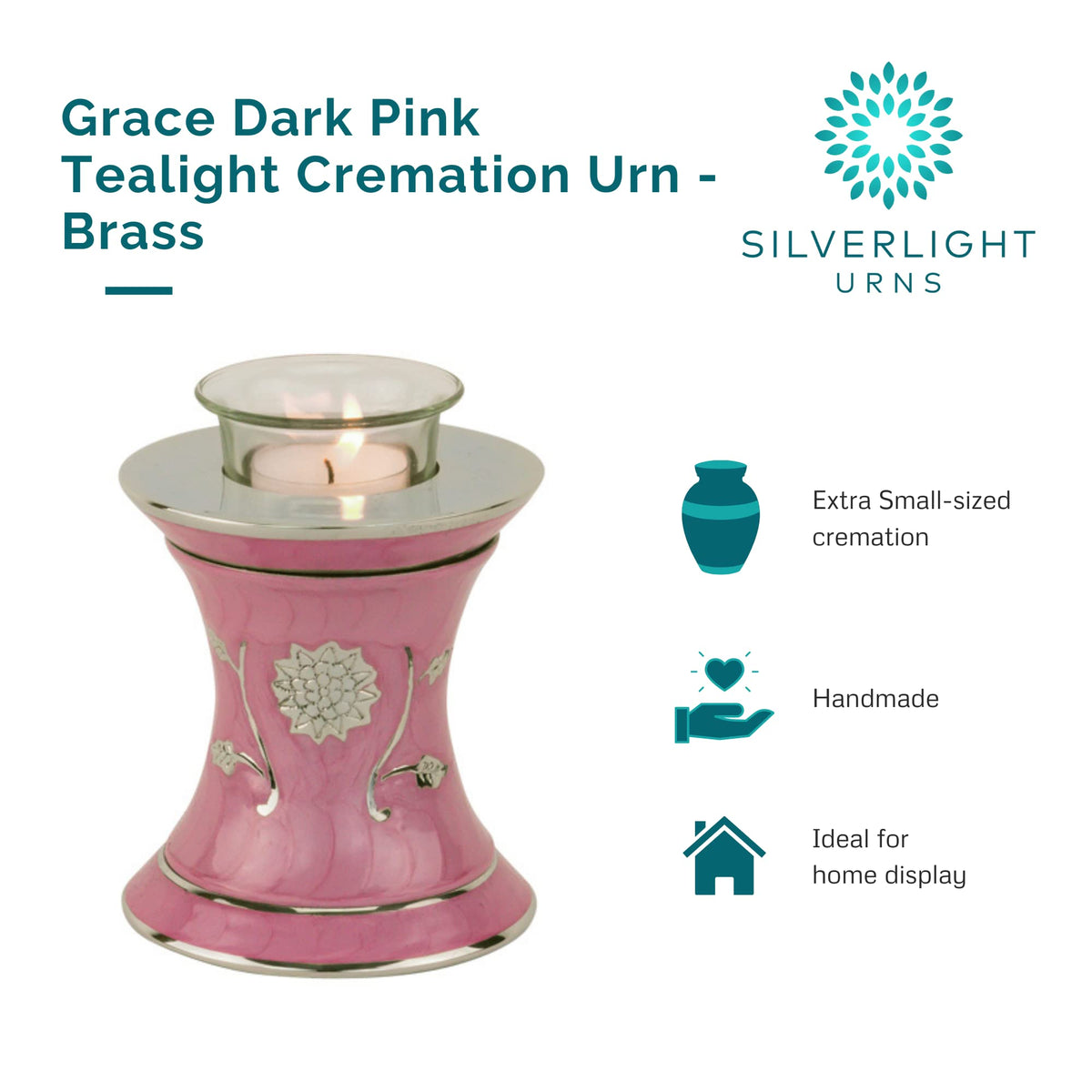 Grace Dark Pink Tealight Cremation Urn for Ashes, Brass Memorial Candle, Pink Urn, Extra Small Sized, 5.5 Inches High