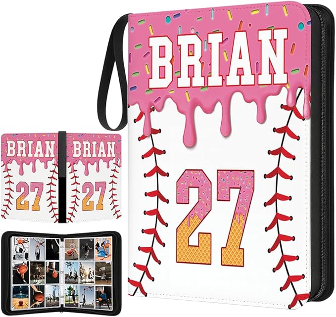 Personalized Ice Cream Drip Baseball Card Binder with Name &amp Number – Zipper Trading Card Album with Handle – Collector Case for Players &amp Fans (Ice Cream Drip Art #3)