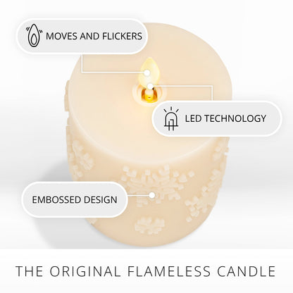 Luminara White Swan Snowflake Embossed Flameless LED Candle, 3.2" x 4.5", Moving Flame, Safe Timer Feature, Real Wax, Battery Operated Home Décor