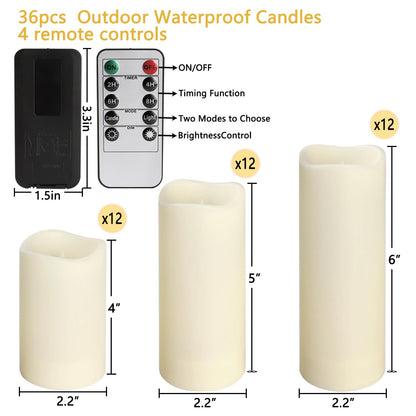 Aamdkcyu 36 Pack Waterproof Flameless LED Candles - Outdoor Battery Operated Candles with Remote & Timer, Realistic Flickering Flame, Safe for Porch, Patio, Weddings, Parties & Home Decor