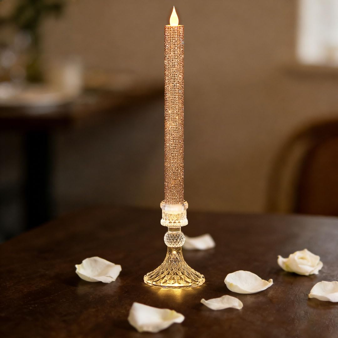 MISSTIME Flameless Taper Candles with Illuminated Crystal Glass Candle Holder - Remote Timer 2AA Battery Operated 500+ Hours Rose for Thanksgiving/Xmas Decor, Wedding Centerpiece (2 Pack)