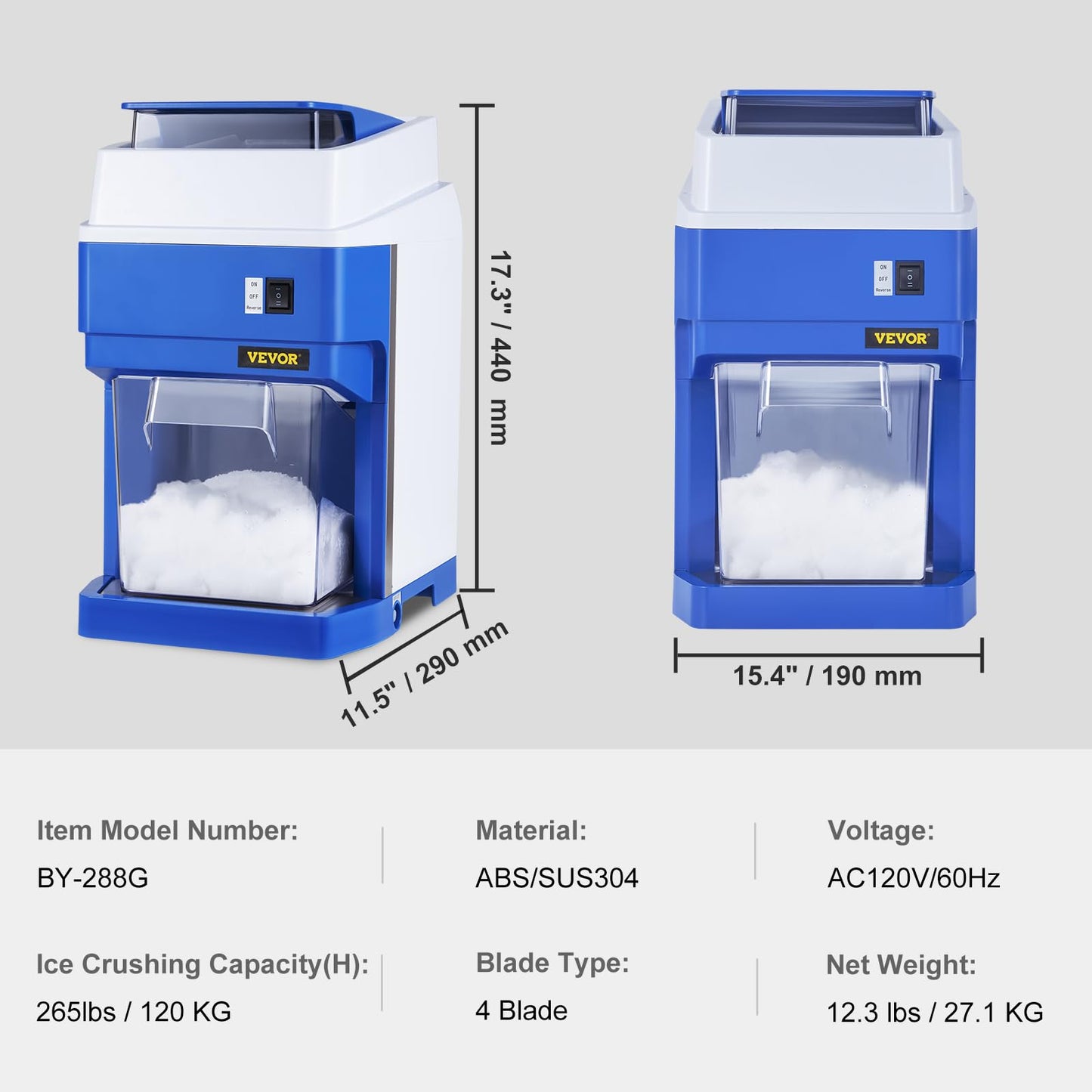 VEVOR Commercial Ice Shaver Crusher, 265lbs Per Hour Electric Snow Cone Maker with 4.4lbs Ice Box, 650W Tabletop Shaved Ice Machine for Parties Events Snack Bar, Home and Commercial Use