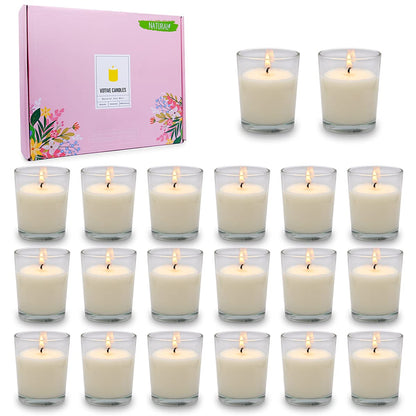 20 Packs Unscented White Votive Candles in Glass, Small 2 Inch Natural Soy Wax Non-Toxic Plain Clean Burning Candles for Wedding Table Home Spa Holidays Party
