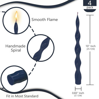 NJAO HOO Navy Spiral Taper Candles 10 Inch Twisted Candlesticks Unscented Ripple Tapered Candles Set for Dinner Table Decor Party Wedding, 4 Pcs