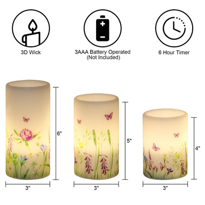 DRomance Butterfly Spring Flameless Candles with 6 Hour Timer Real Wax Battery Operated LED Flickering Pillar Candles Dinner Holiday Home Decor(3 Pack, 3" D x 4", 5", 6" H)