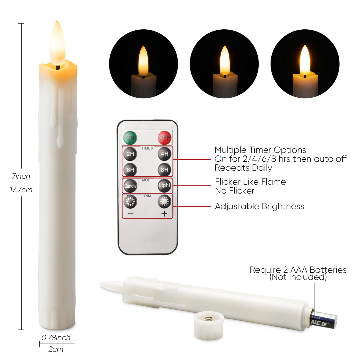 Homemory 7 Inches Flameless Taper Candles with Remote Timer, Short Led Candlesticks with 3D Flickering Light, Battery Operated Candles with Lifelike Flame for Wedding Home Xmas Decor, White, 12 Pcs