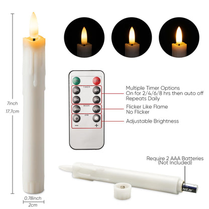 Homemory 7 Inches Flameless Taper Candles with Remote Timer, Short Led Candlesticks with 3D Flickering Light, Battery Operated Candles with Lifelike Flame for Wedding Home Xmas Decor, White, 12 Pcs