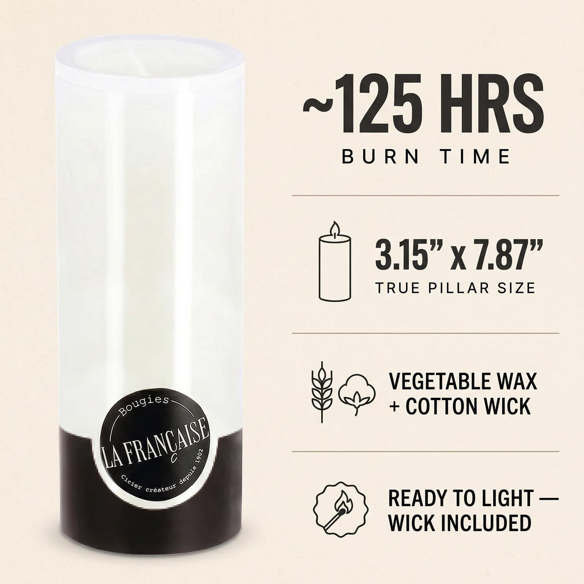 Bougies La Française Unscented Pillar Candle, White, Made in Tunisia, Ready-to-Light Cotton Wick Included, Vegetable Wax Decorative Candle, 3.15" Diameter × 7.87" Tall, Approx. 125-Hour Burn Time