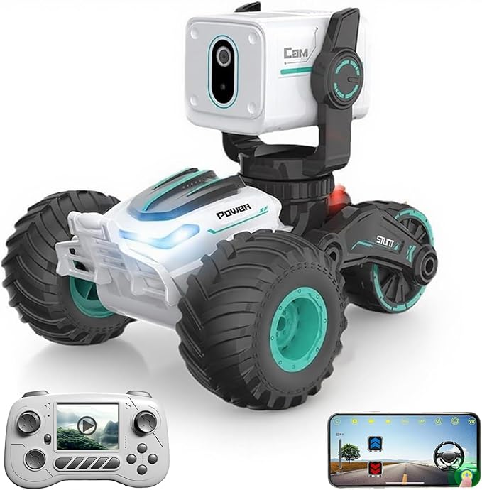 RC Car with Camera RC Stunt Car with 720P HD FPV Camera 2-Way Talk 360° Spins &amp LED Lights App Control RC Truck Adjustable Camera2 Rechargeable Batteries (60 Mins Play) Gift for Kids &amp A
