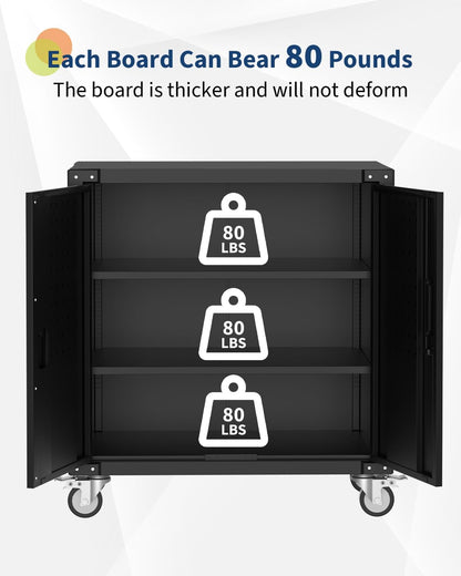 EliteEdge 31" Metal Storage Cabinet with Pegboard and Wheels, Lockable Rolling Tool Cabinet with Shelves, Heavy Duty Steel Utility Cabinet for Garage Workshop, Black