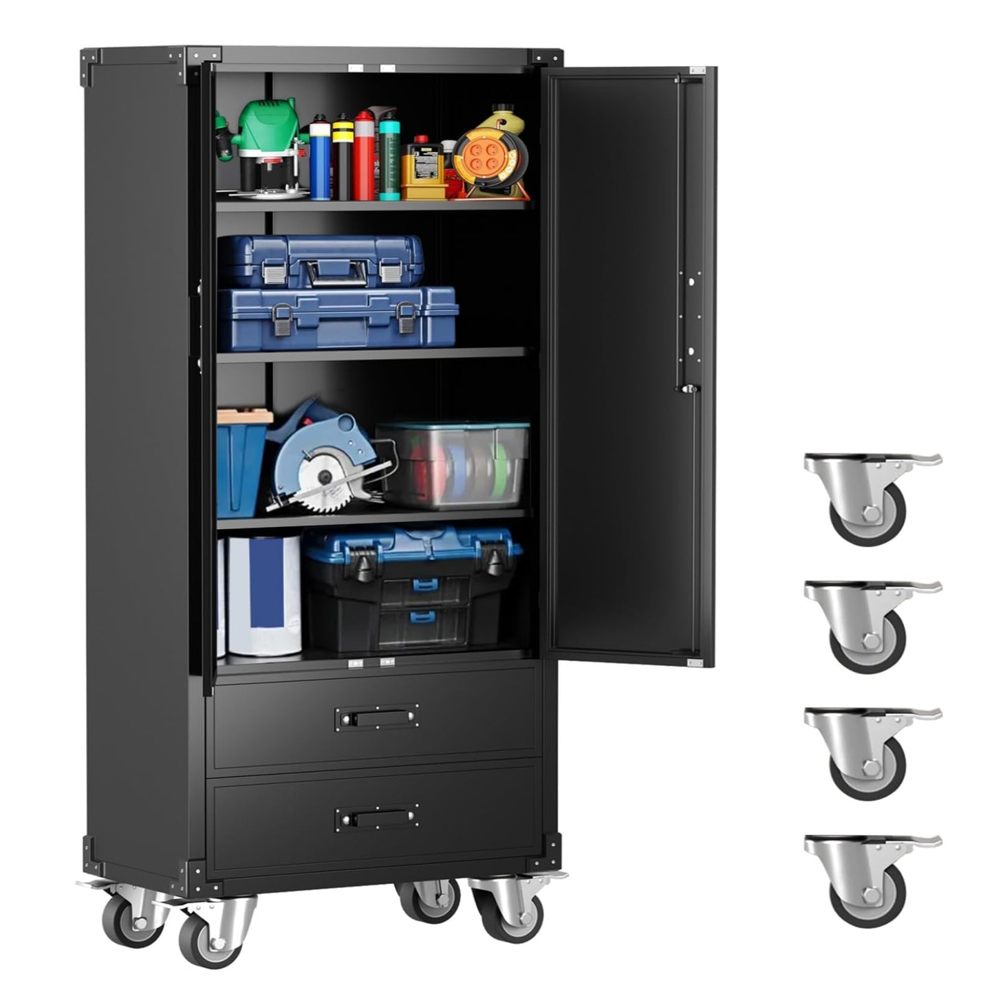 Metal Storage Cabinet with Wheels, 67in Rolling Metal Cabinets with Doors & Adjustable Shelves for Garage Storage, Heavy Duty Black Steel Lockable Cabinet on Wheels for Workshop, Home Office, Black