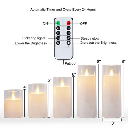 Homemory Pure White Flickering Flameless Candles, Battery Operated Acrylic LED Pillar Candles with Remote Control and Timer, Set of 5