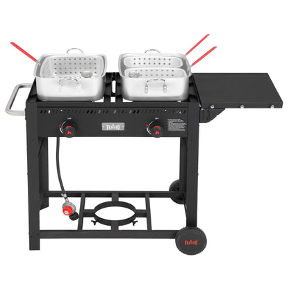 FEASTO Outdoor Propane Deep Fryer with Movable Cart, 2-Burner Stove with 100,000 BTU Total, 2 x 18QT Aluminum Pots, 1 x 18QT Basket & 2 x 9QT Frying Baskets, Portable Fryer for Fish, Fries & Chicken