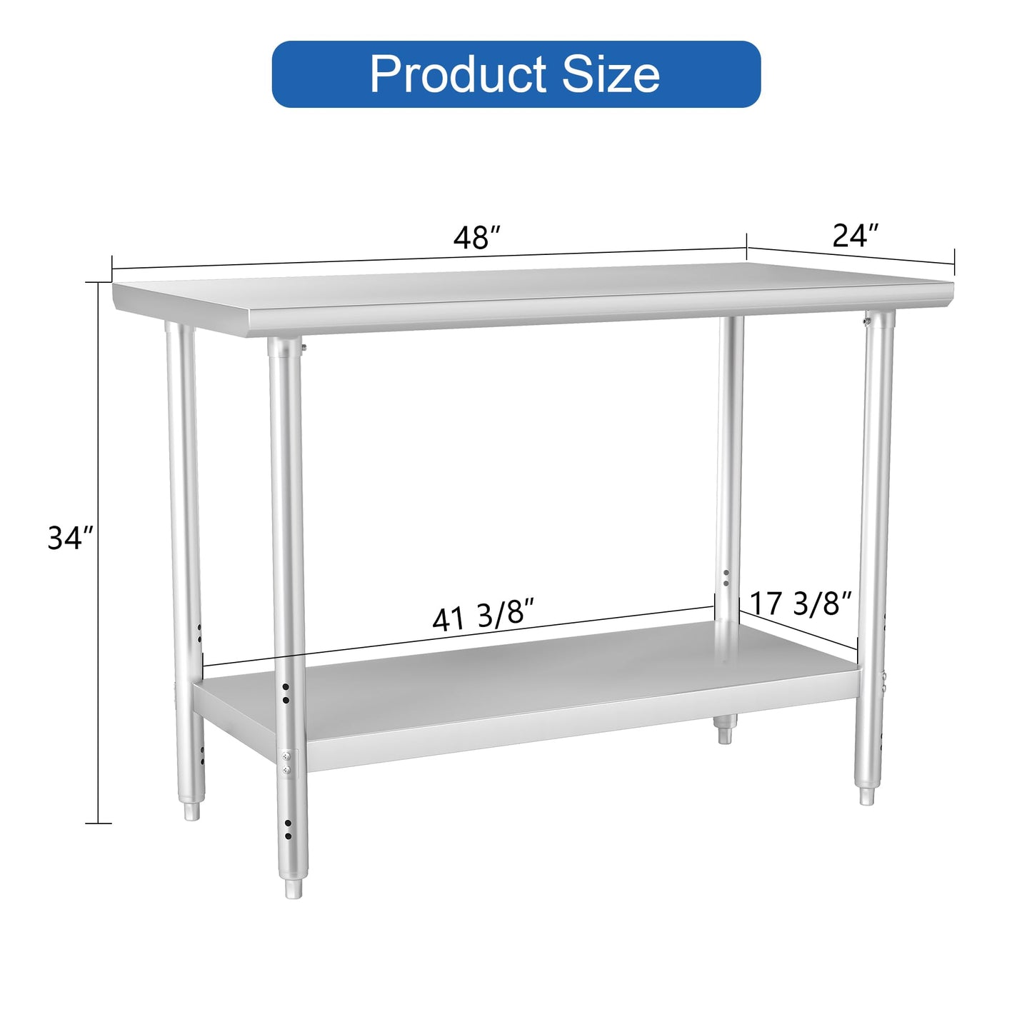 HARDURA All Stainless Steel Table 24X48 Inches Metal Table Commercial Kitchen Prep Table with Adjustable Undershelf NSF for Prep