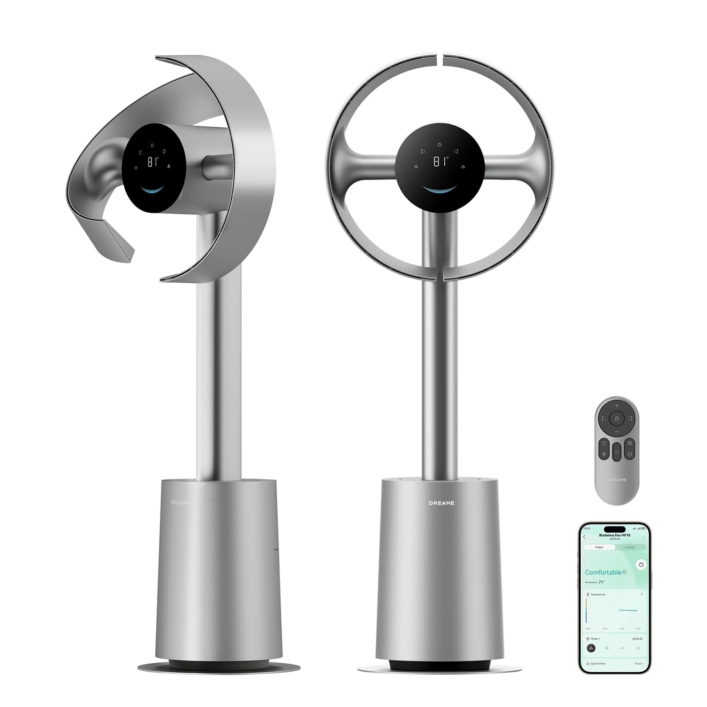 DREAME Bladeless Tower Fan for Bedroom, Smart Standing Fan with 270° Spatial Airflow for Whole-Room Circulation, 59ft/s High Velocity, 10 Speeds 3 Modes, Temperature-Adaptive Airflow, MF10-Silver