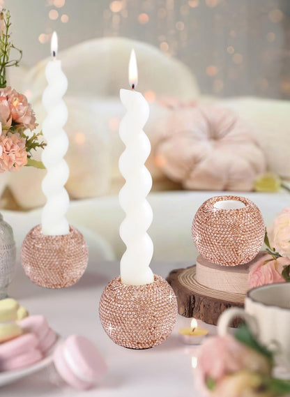 Vixdonos Round Resin Rhinestones Candlestick Holders Set of 3 Ceramic Candle Holder Bulk for Taper Candles,Rose Gold