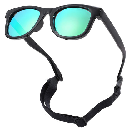 COASION Bendable Flexible Polarized Newborn Baby Sunglasses with Strap for Infant Boys Girls Age 0-12 Months (Black/Green Mirror)